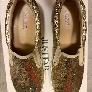 JustFab Gold and Red Glitter Slip-Ons